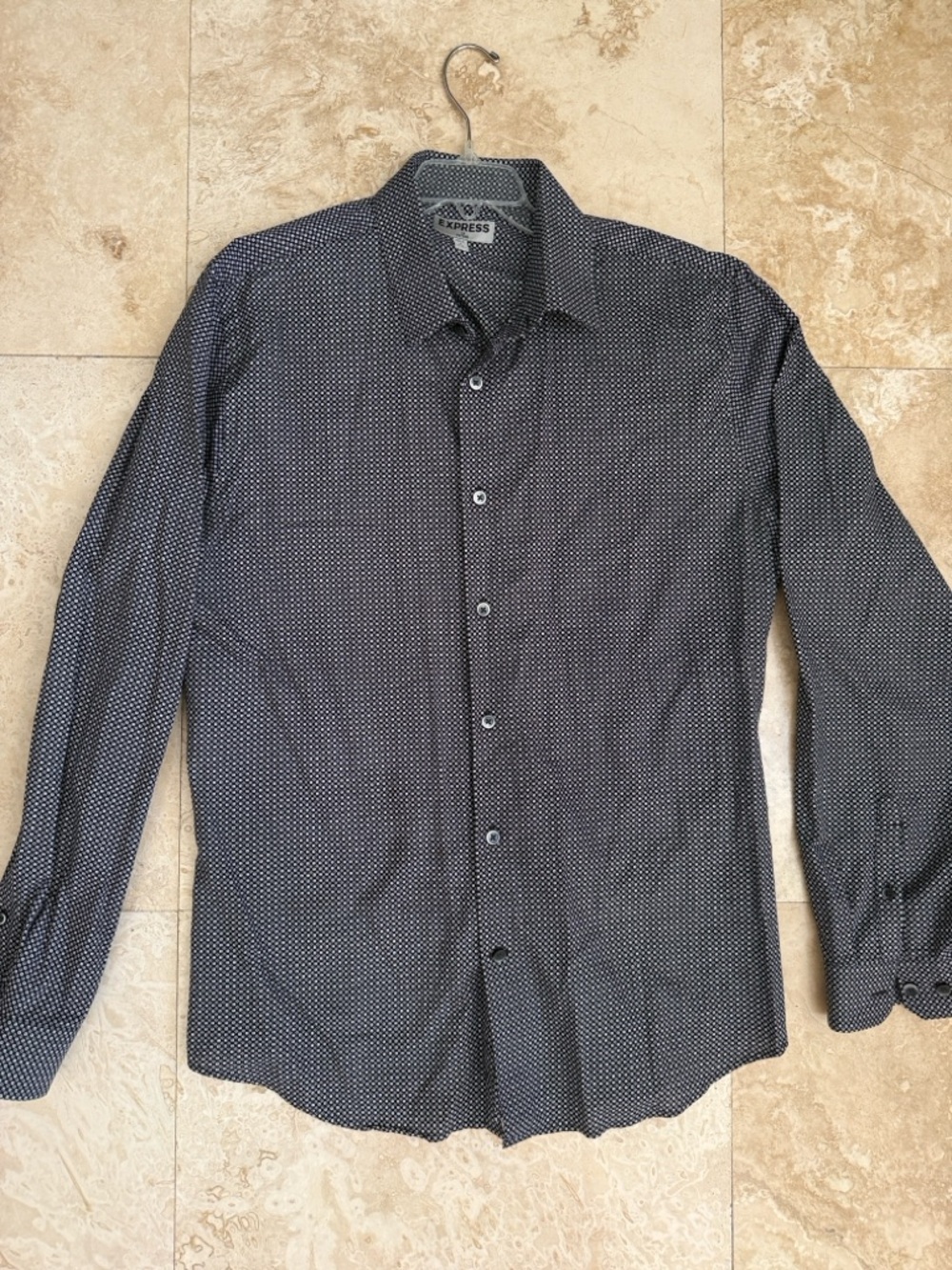 Express Men's Black Shirt with White Micro Dot Pattern